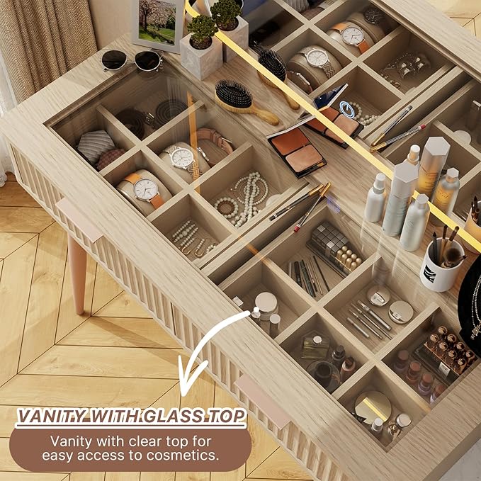 48" Fluted Makeup Vanity Desk with 36" Mirror and 3 Modes Lights, Glass Top Dressing Table with Jewelry Organizer Cabinet, Storage Cabinet, 3 Drawers, Charging Station for Bedroom, Oak