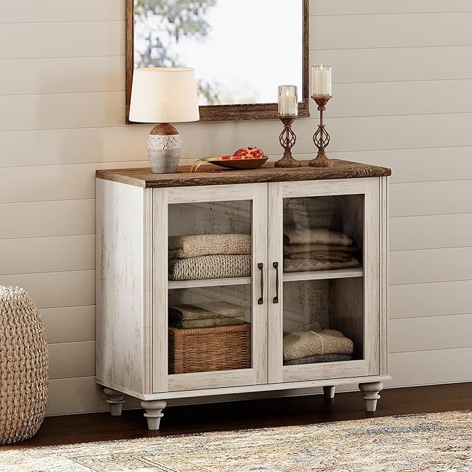 WAMPAT Farmhouse TV Stand for TVs Up to 43 inch, Glass Wood Universal TV Stand with a Large Storage Cabinets, Entertainment Center, TV Console Table for Living Room, Bedroom, Rustic White