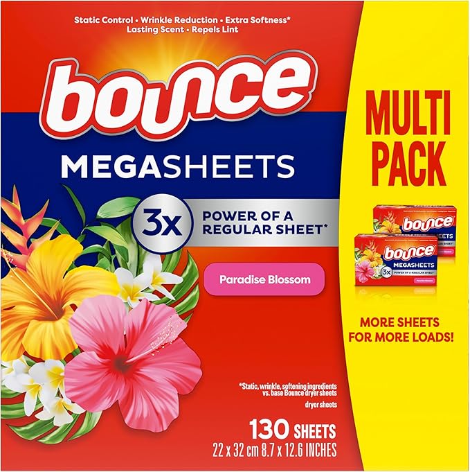 Bounce Mega Dryer Sheets, Paradise Blossom, 130 Count (Packaging May Vary)