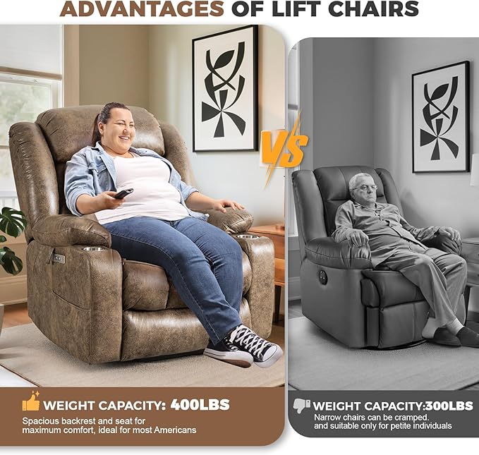 HUSFU Oversized Power Lift Recliner Chairs for Elderly with Massage and Heat, Extra Wide Recliners,Breathable Leather Lift Chairs w/Cup Holders, USB & Type-C Ports, Brown,1PC