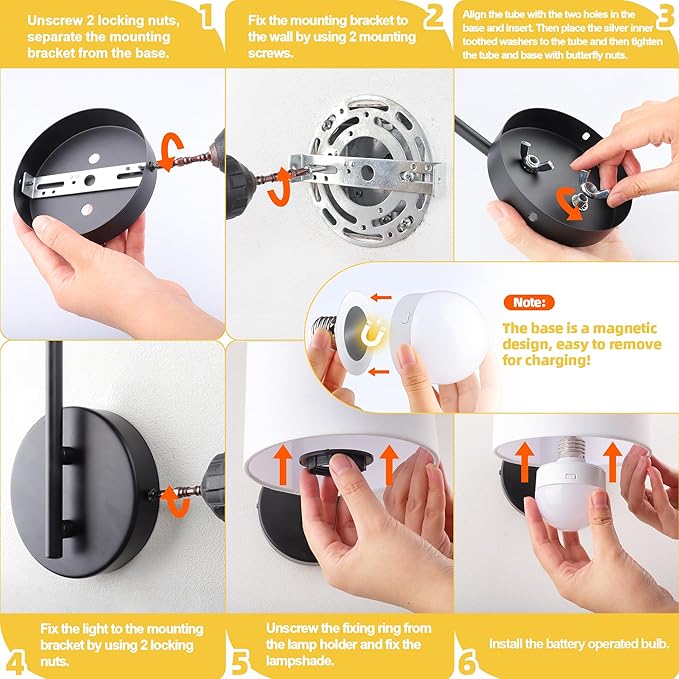 Battery Operated Wall Sconce Set of 2, Black Rechargeable Dimmable Wall Light Fixture Remote, 12 RGB Colors & Timer, Wireless Lamp White Shade