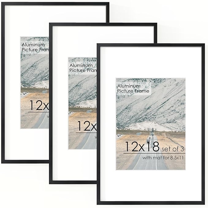 12x18 Metal Picture Frame for Wall With Mat for 8.5x11, 12''x18'' Aluminum Photo Frames With Tempered Glass for Home Decor, Minimalist Modern Poster Frame Horizontal And Vertical Formats, 3 PCs, Black