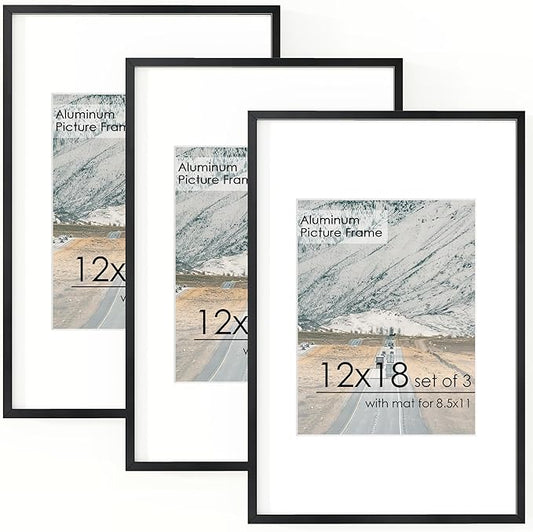 12x18 Metal Picture Frame for Wall With Mat for 8.5x11, 12''x18'' Aluminum Photo Frames With Tempered Glass for Home Decor, Minimalist Modern Poster Frame Horizontal And Vertical Formats, 3 PCs, Black