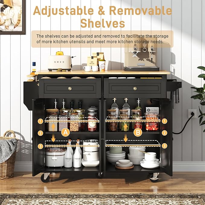 51.2" Movable Kitchen Island with Drop Leaf and Power Outlet, Rolling Island Cart w/Storage Cabinet, Island Table on Wheels for Kitchen w/2 Drawers, Spice Rack, Towel Bar, Garage Hook, Black