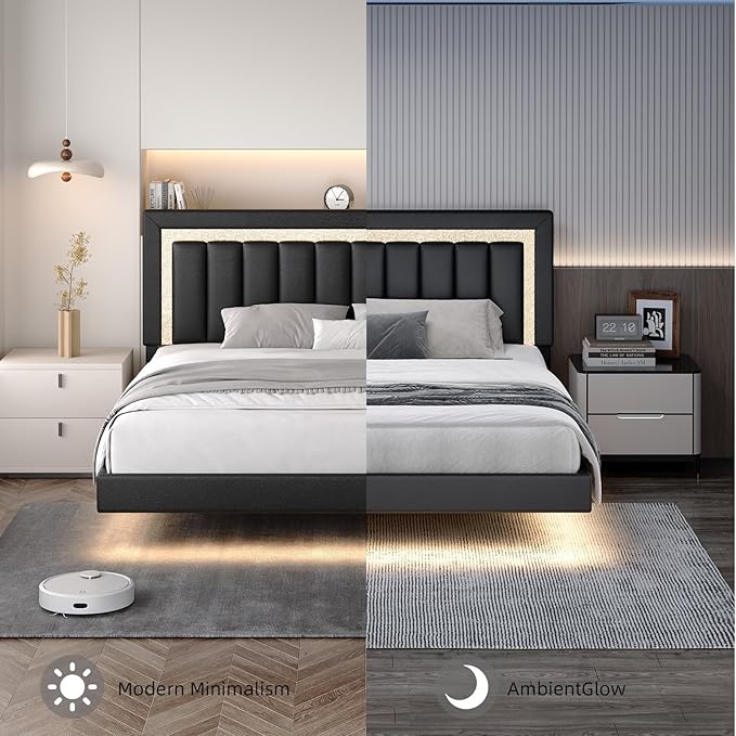 HOMBCK Floating Bed Frame King with Smart LED Lights, Faux Leather Upholstered Platform Bed with Diamond PU Headboard, No Box Spring Needed, Noise-Free, Easy Assembly, Black