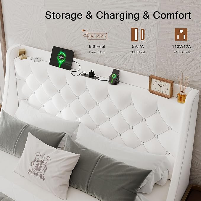 Queen Bed Frame with 4 Storage Drawers, Upholstered Bed Frame with Large Wingback Headboard, Charging Station, No Box Spring Needed, White