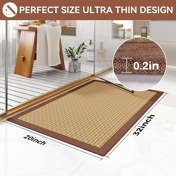 Bath Mat Bathroom Rugs Non Slip Washable, Soft Jute-Like Ultra Thin Bath Mats, Rubber Backing Super Absorbent Quick Dry Thin Bath Rug Shower Mat Fit Under Door Bathroom Tub Floor, Brown 20"x32"