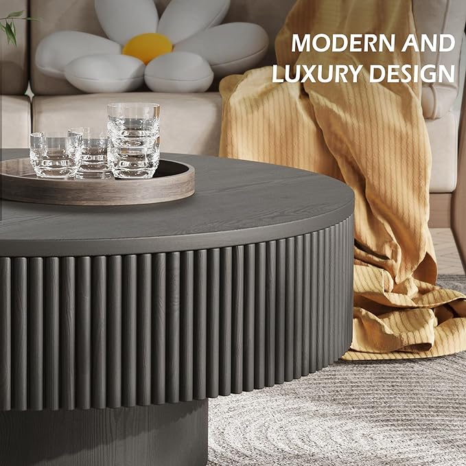 31.5” Round Fluted Coffee Table, Modern Wood Circle Coffee Table, Veneer Handcrafted Relief Tea Table with Sturdy Pedestal for Living Room，Easy Assembly - Black