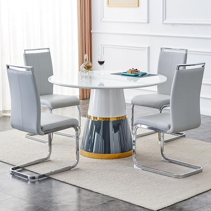 45 Inch Round Dining Table Set for 4, 5 Piece Kitchen Table and Chairs Set, White Faux Marble Table Top, Small Space Dining Set for Apartment or Dining Room