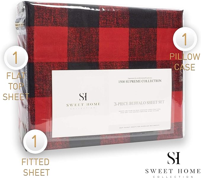 1500 Supreme Collection Buffalo Print Sheet Set, Twin Size - Luxury Bed Sheets Set with Deep Pocket Wrinkle Free Bedding, Twin, Burgundy/Black Buffalo Print