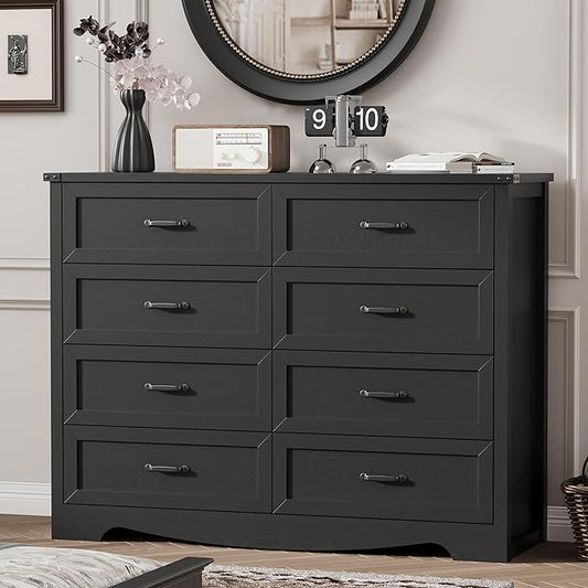 Dresser for Bedroom with 8 Drawers, 48" Wide Wood Chest of Drawers with Deep Drawers & Mental Handle, Modern Dresser TV Stand, Wooden Closet Storage Organizer for Living Room, Hallway, Entryway, Black