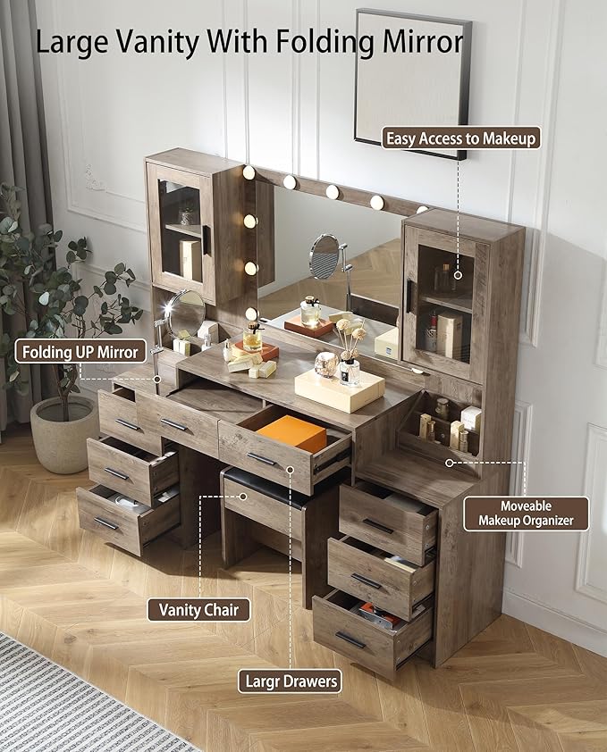 Extra Large Vanity with Folding Up Mirror and Lights,58.3'' Makeup Vanity Desk with Mirror and Lights,Outlet, Chair and Two Makeup Organizers,Dressing Table for Bedroom,Grey