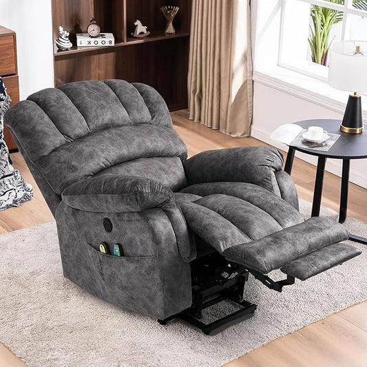 MEETWARM Large Power Lift Electric Recliner Chair with Extended Footrest for Elderly, Big and Tall Lift Chair for Seniors Reclining Chair with Vibration Massage and Heated, USB Ports(Plush-Grey)