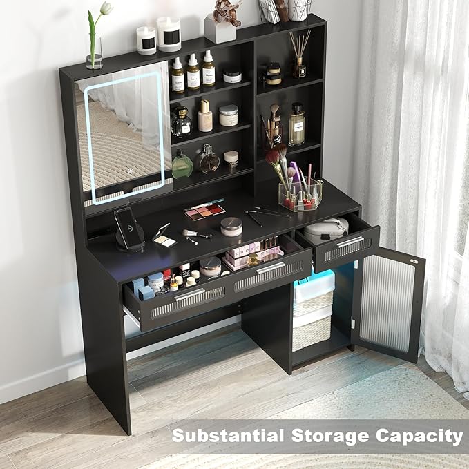 Hadulcet Vanity Desk with Mirror and Lights, LED Vanity with Power Outlet, Makeup Vanity with 2 Drawers, 10 Storage Shelves and Acrylic Door Cabinet for Bedroom Dressing Room, 43" Black