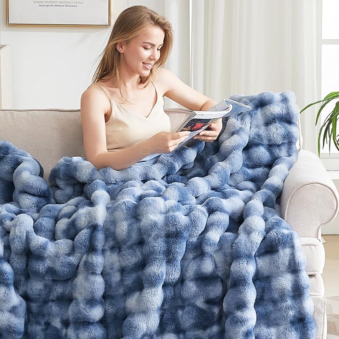 Ultra Plush Bubble Faux Rabbit Fur Blanket – 950GSM Thick Fluffy Throw Blanket for Bed, Couch, Sofa, or Gift, 60" × 80", Tie-dye Blue