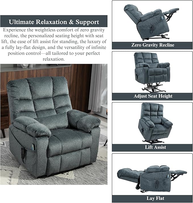 3-Motor Lift Chair with Adjustable Seat Height Zero Gravity Lay Flat Recliner with Heat Massage - Flip Arm Storage Cup Holders - Power Lift Recliner for Elderly – Big Tall 400 lbs (Slate Blue)