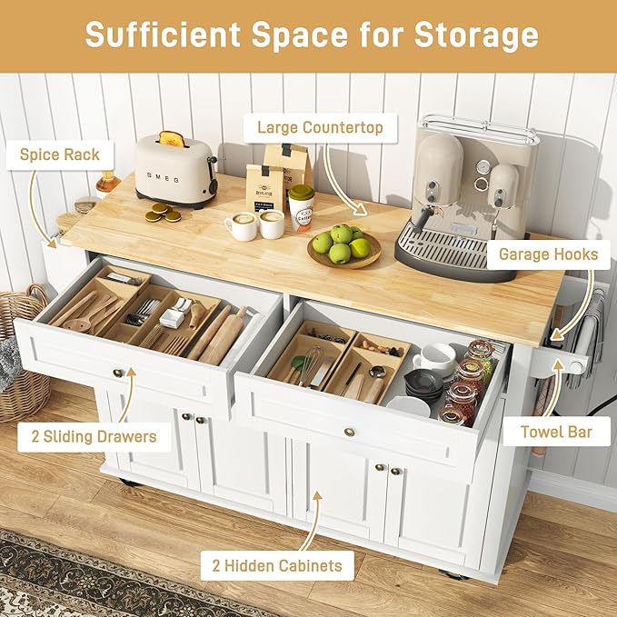 55" Movable Kitchen Island with Drop Leaf and Power Outlet, Rolling Island Cart w/Storage Cabinet, Island Table on Wheels for Kitchen w/2 Drawers, Spice Rack, Towel Bar, Garage Hook, White