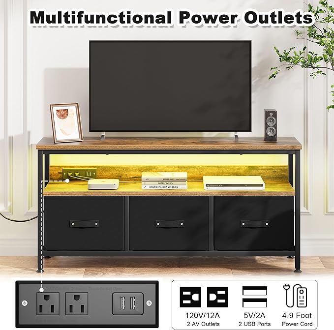 39" TV Stand for TVs up to 50", Media Console with Charging Station & LED Lights, 2 Drawer Storage Chest, Gaming Entertainment Center with Storage for Living Room, Brown, Medium