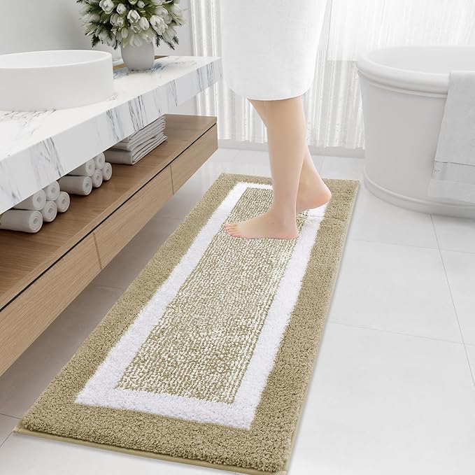 OLANLY Bathroom Rugs 47x20, Extra Soft and Absorbent Microfiber Bath Mat, Non-Slip, Machine Washable, Quick Dry Shaggy Bath Carpet, Suitable for Bathroom Floor, Tub, Shower (Runner, Beige)