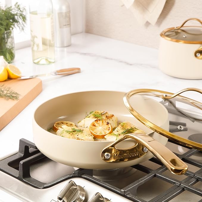 bloomhouse 10 Inch Heavy Duty Aluminum Premium PFA Free Ceramic Nonstick Saute/Deep Frying Pan Skillet with Lid - Almond Cream w/Gold Handle