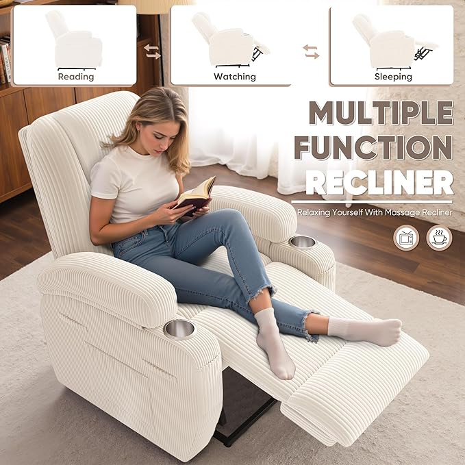 Power Lift Recliner Chair with Massage Electric Lift Chair for Elderly, Ergonomic Recliner with Cup Holders & Side Pockets, Modern Single Sofa for Living Room (Corduroy, White)