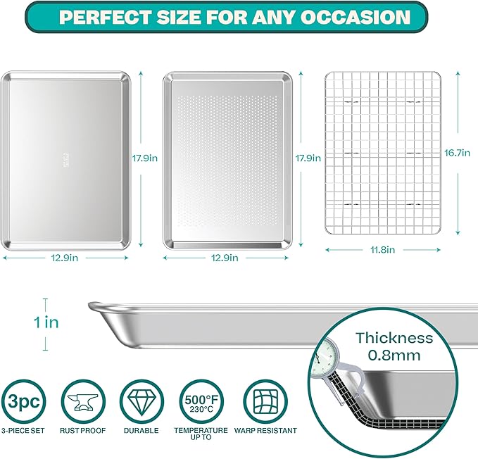 Baking Sheet with Rack Baker's Secret Pure Aluminum Non Toxic PTFE, PFAS, PFOA, BPA Free Baking Pans Set, 100% Recycled, 3pcs Bakeware Set Baking Pans Cookie Sheets 18"