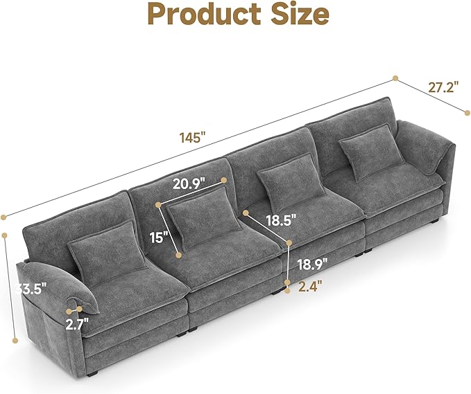 Real Relax 145'' Modular Sectional Sofa, 4 Seat Chenille Convertible Couch with 8 Pillows and 2 Armrest Pillows for Living Room, Office and Leisure Places, Dark Gray
