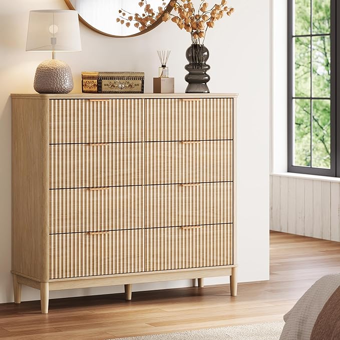 LINSY HOME Fluted Dresser for Bedroom with 8 Drawers, 47" Wide Chest of Drawers, Mid Century Modern Dresser TV Stand with Metal Handle, Wood Closet Storage Cabinet for Living Room, Hallway, Oak