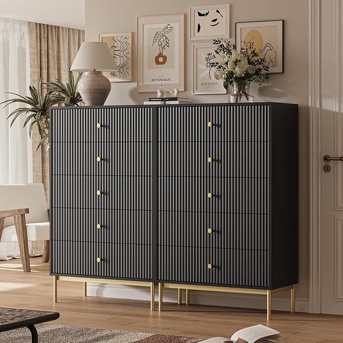 5 Drawer Dresser for Bedroom, Tall Dresser Chest of Drawers with Gold Handles, Wood Storage Cabinet for Bedroom, Black