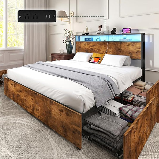 LED Full Size Bed Frame with Storage Wooden Headboard, Metal Platform Bed Frame Full Size with 4 Storage Drawers, Adjustable LED Lights, Charging Station, Noise Free, Easy Assembly, Brown
