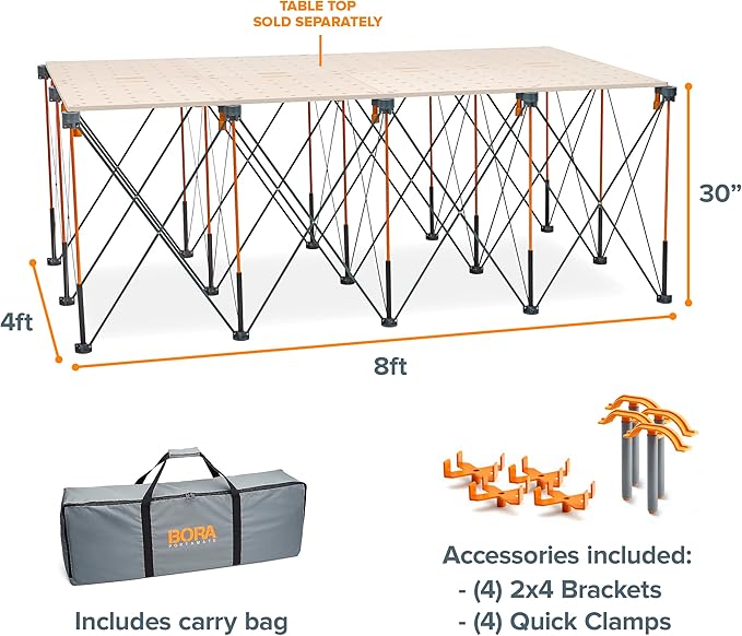 BORA Centipede 30in Folding Work Table Set - No Assembly 15-Strut Collapsible Table 6000lb Weight Limit - 4x8ft Mobile Work Station with Storage Bag, Foldable Work Bench Table - CK15S, Orange