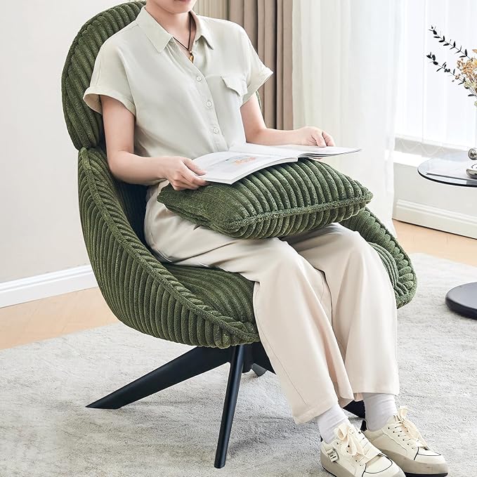 Furniliving Upholstered Swivel Accent Chair for Living Room, Modern Armchair Side Chair with Headrest Bedroom Chair with Metal Legs Comfy Sofa Chairs with Pillow, Large, Corduroy, Green