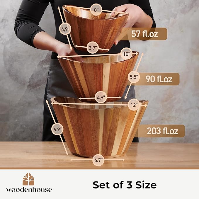 Woodenhouse Wooden Salad Bowl Set, Salad Bowls Set of 3 - Wavy Design Salad Bowl Set for Serving, Handmade, Durable and Stylish Natural Wood Dining Accessory