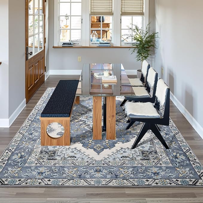 Living Room Rug 6x9 Rug, Machine Washable Area Rug Non Slip Low Pile Rug for Living Room, Bedroom, Farmhouse, Dining Room, Blue