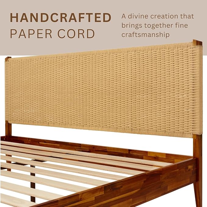 Bme Selina Wood Platform Bed Frame - Handcrafted Paper Cord Unique Headboard - No Box Spring Needed - 12 Strong Wood Slats Support - Easy Assembly - Queen, Dark Chocolate