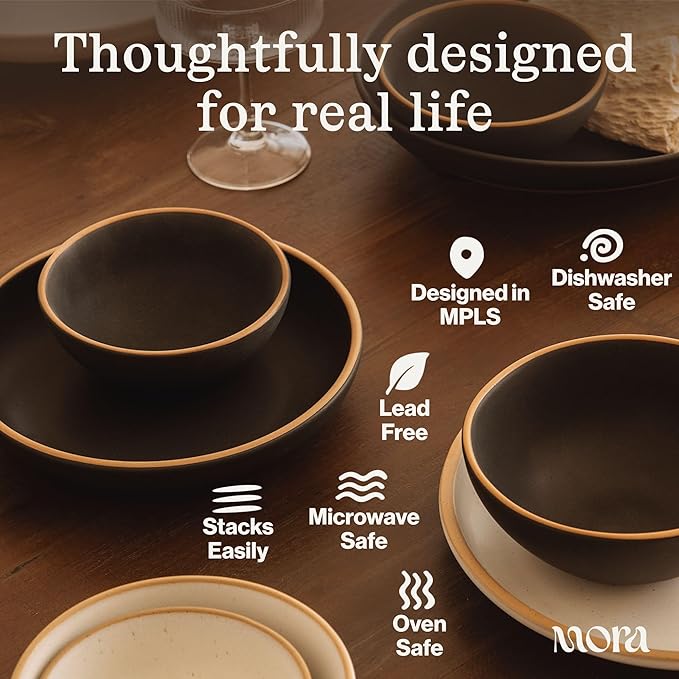 MORA Medium Dishes Set of 4, 30oz Ceramic Pottery Pasta Plate/Wide Bowls - Microwave, Oven and Dishwasher Safe - Thyme