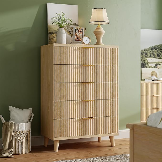 Lulive Dresser for Bedroom Wood Tall Dressers Drawers, Fluted Modern Dresser 5 Drawers Natural