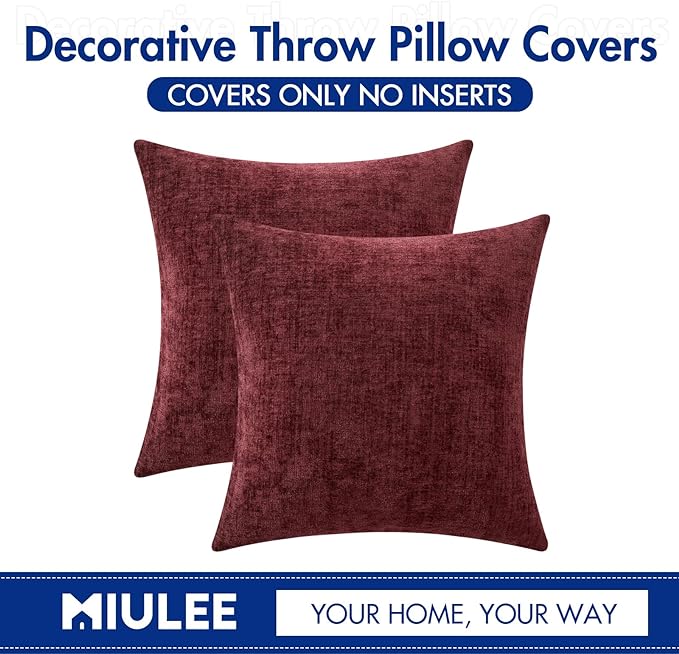 MIULEE Pack of 2 Wine Red Couch Throw Pillow Covers 18x18 Inch Soft Chenille Pillow Covers for Sofa Living Room Solid Dyed Pillow Cases