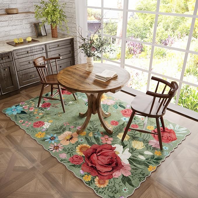 Washable Floral Area Rugs for Living Room, 5'x7' Green Soft Non-Slip Bedroom Rug Stain Resistant Lightweight Boho Vintage Low-Pile Throw for Dining Room Office