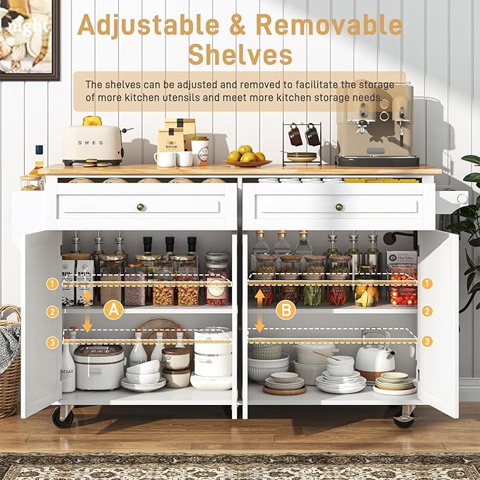 63" Movable Kitchen Island with Drop Leaf and Power Outlet, Rolling Island Cart w/Storage Cabinet, Island Table on Wheels for Kitchen w/2 Drawers, Spice Rack, Towel Bar, Garage Hook, White