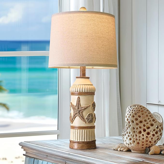 OYEARS 24" Table Lamps Set of 2,Boho Table Lamps for Living Room,Bedside Lamp for Nightstands,Coastal Nautical Lamp with Starfish Conch Pattern for Decor, End Table, Vintage Retro Beach, Off White