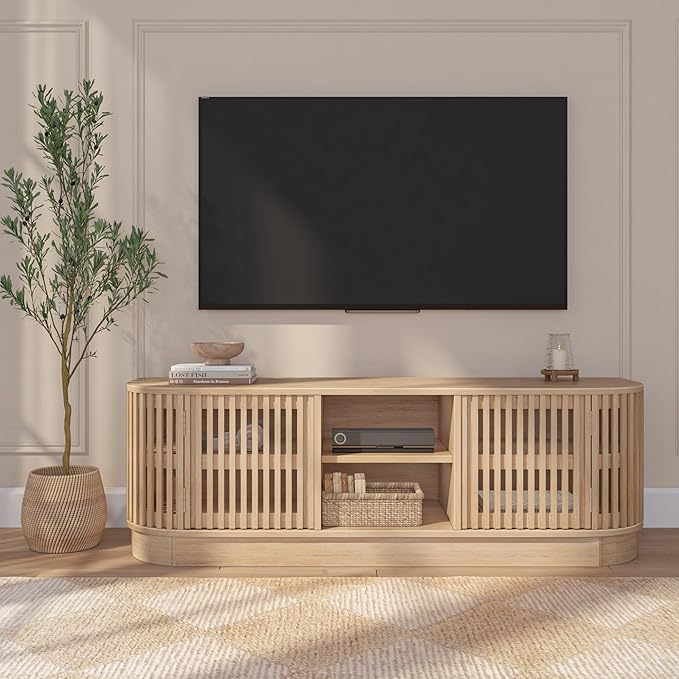 Plank+Beam Contour Wood TV Stand, Solid Wood Entertainment Console with Storage, 59" L x 16" W x 19" H, Blonde