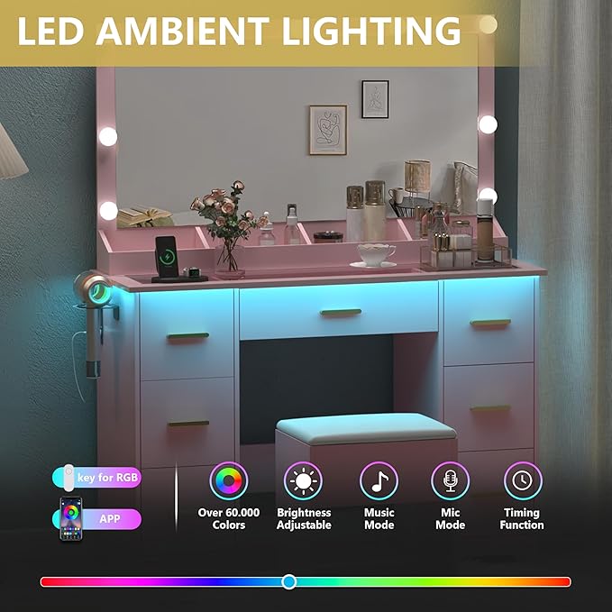 Makeup Vanity Desk with Large Lighted Mirror and Lights, Glass Top Vanity Table Set with 7 Drawers, Power Outlet & Storage Stool, Dressing Table with RGB Ambient Light for Women Girls Bedroom, Pink