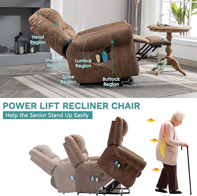MEETWARM Large Power Lift Electric Recliner Chair for Elderly with Massage and Heat, Overstuffed Wide Recliner, Heavy Duty Sofa for Living Room with 2 Remote Control/USB Ports/Side Pockets(Brown)