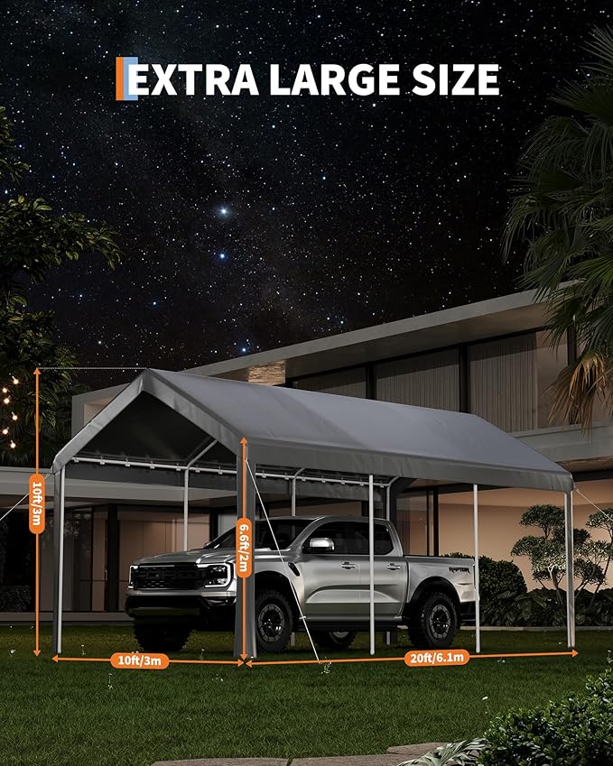 Garvee 10x20 Heavy Duty Carport, Galvanized Steel Outdoor Car Canopy with UV-Resistant & Water-Resistant PE Cover, Portable Garage for SUV, Truck, Boat, Grey
