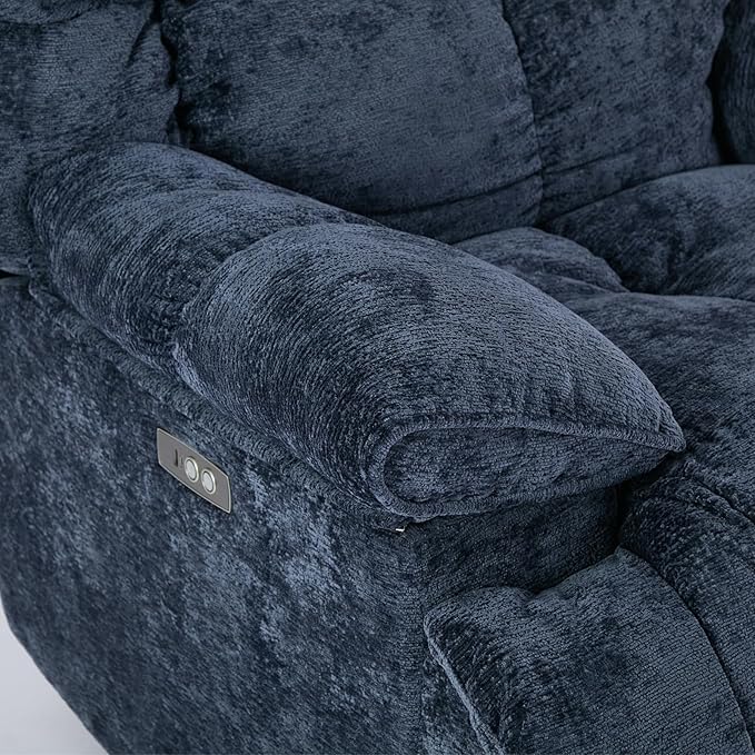 GINGO Power Oversized Recliner Chair, Extra Wide Swivel Rocking Recliner Chair, Breathable Soft Fabric Modern Single Sofa for Living Room, 90°-140° Electric Adjustable Angle, USB & Type-C Port, Blue