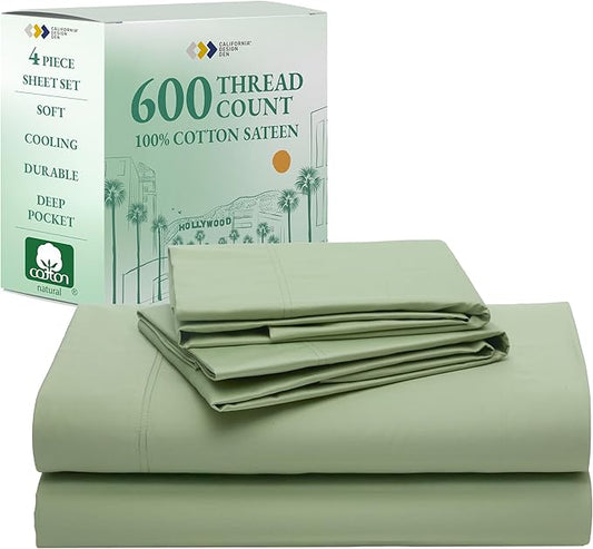 California Design Den Hotel Quality Deep Pocket Queen Sheets Set - Luxury 600 Thread Count Sateen, Natural 100% Cotton Queen Size Sheets Set, Fully Elasticized, Crisp, Cool and Durable - Laurel Green