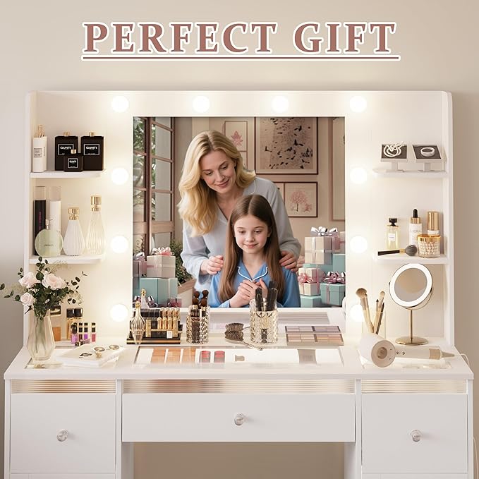 Makeup Vanity with Lights 3 Colors, Glass Top Vanity Desk with 7 Lighted Drawers, 4 Shelves, Power Outlet, Makeup Desk with Mirror for Bedroom, Dressing Table with Mirror for Women, Light White