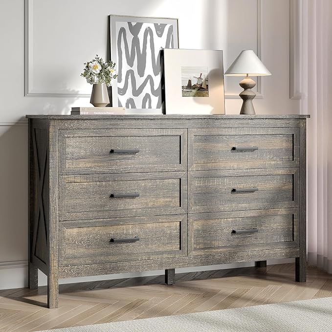 Farmhouse 6 Drawers Dresser for Bedroom, Wood Rustic Wide Chest with Natural Texture, Farmhouse Chest of Drawers for Bedroom, Hallway, Entryway, Dark Brown