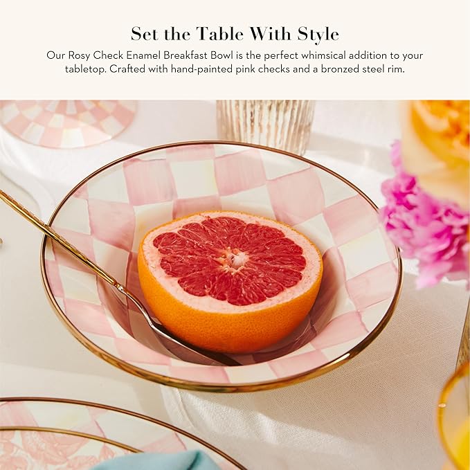 MACKENZIE-CHILDS Enamel Breakfast Bowl, Unique Soup Bowl or Cereal Bowl, Dinnerware, Pink-and-White Rosy Check, Set of 1